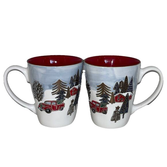 Eli & Ana Elk Ridge Red Truck Christmas Tree Holiday Set Of 2 Mugs Ceramic New - Picture 1 of 5